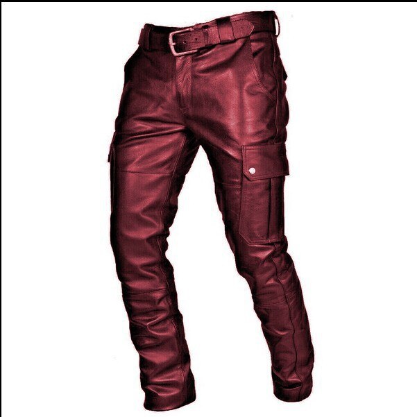 Wepbel Mannen Straight Pu Lederen Broek Biker Moto Lange Lederen Losse Street Style Steampunk Broek Rock Roll Lange Broek: XL / Rood