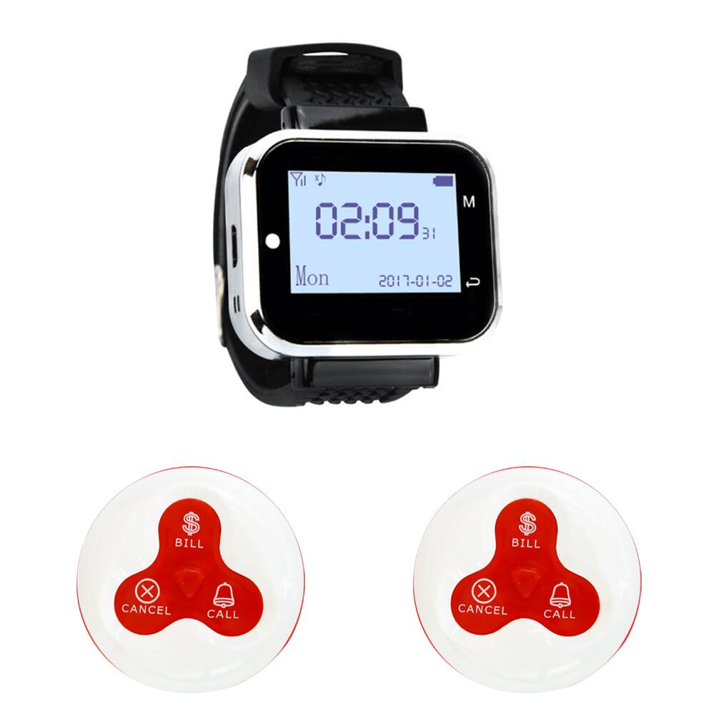 Strong Signal Wireless Calling System 2 Calling Buttons+ 1 Watch Pager for Restaurant, cafe, bar/ Wireless Service Call Bells: red