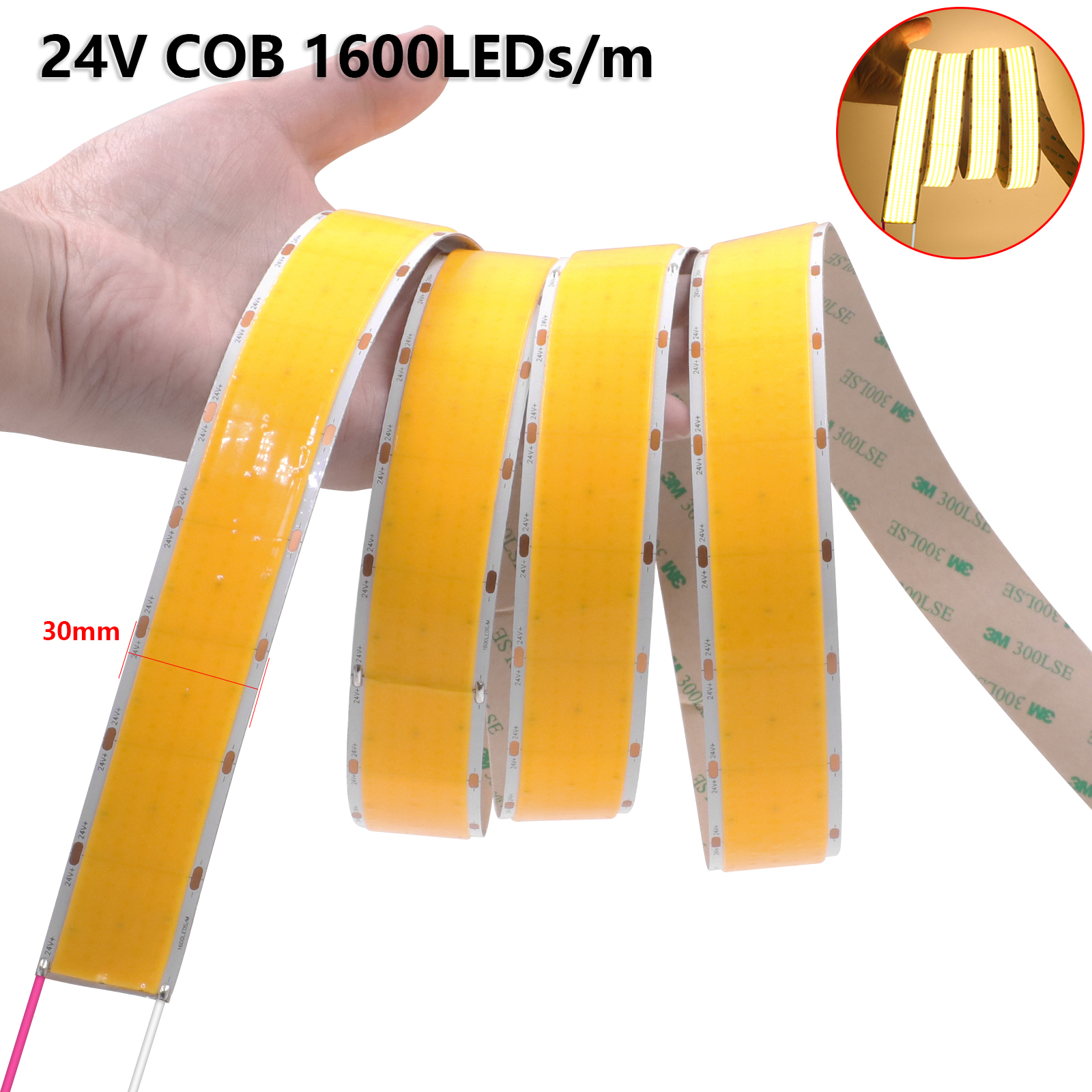 Ultra Bright COB LED Strip 24V 1600LEDs/m High Density Flexible Dimmable LED Light 30mm PCB Width COB Strip 3000K 4000K 6000K