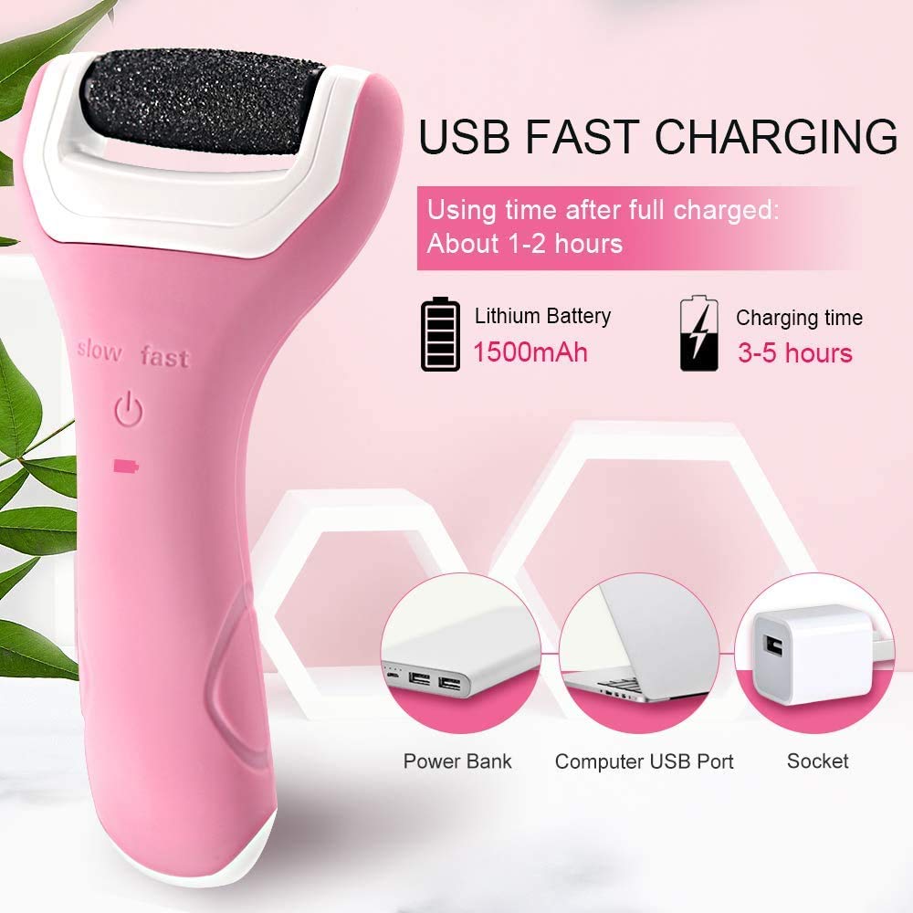 Foot File Electric Hard Skin Remover Foot Pedicure Callus Remover USB Rechargeable Foot Care Tool with 2 Roller Heads