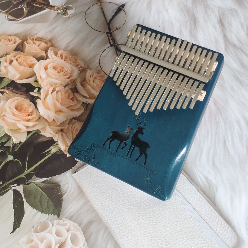 Kalimba-Piano de pulgar de 17 teclas, instrumento Musical de madera de caoba de , cuerpo de madera de Acacia, caja de música creativa: Blue Milu Deer