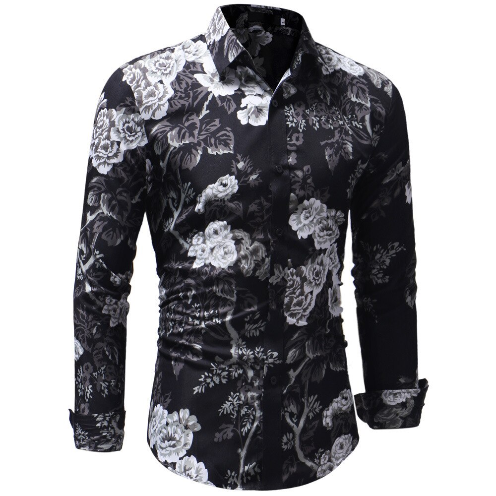 Efterår herre skjorte med blomsterprint til mænd langærmet 3d print langærmet skjorte herre slim fit blomsterskjorte toppe m -3xl