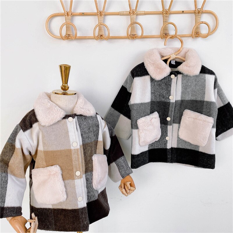 Winterjongens wollen geruite jassen 1-6 jaar omslagkraag enkelrijs bovenkleding kinderen jongens warme casual jassen