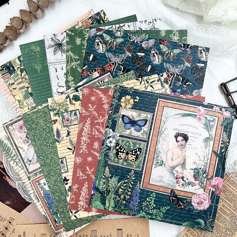 Green Butterfly Fairy Lady Handmade Junk Journal Card Material Paper DIY Scrapbook Travel Diary Background Decorative Paper: 12Sheets