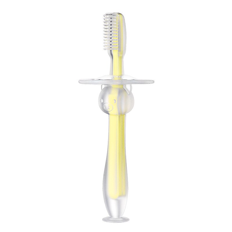 Cepillos dentales de entrenamiento para bebé, cepillo Dental de silicona suave con mango encantador con ventosa, cepillos dentales de entrenamiento sin BPA: Amarillo