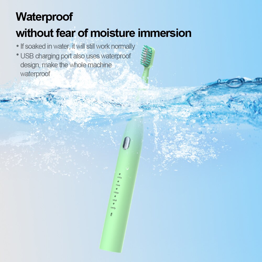 Brosse à dents électrique à ultrasons, haute fréquence, faible bruit, 5 modes réglables, étanche, rechargeable par usb