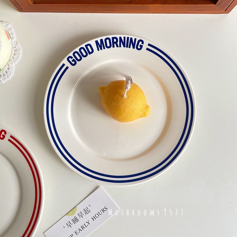 Good Morning! Korean Coffee Shop Retro Girl Heart English Alphabet Simple Ceramic Breakfast Plate Household Dish Dessert Plate