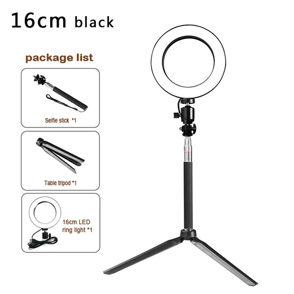 Dimmable LED Studio Camera Ring Light Photo Phone Video Light Annular Lamp With Tripods Selfie Stick Ring Fill Light For Canon: 16cm black