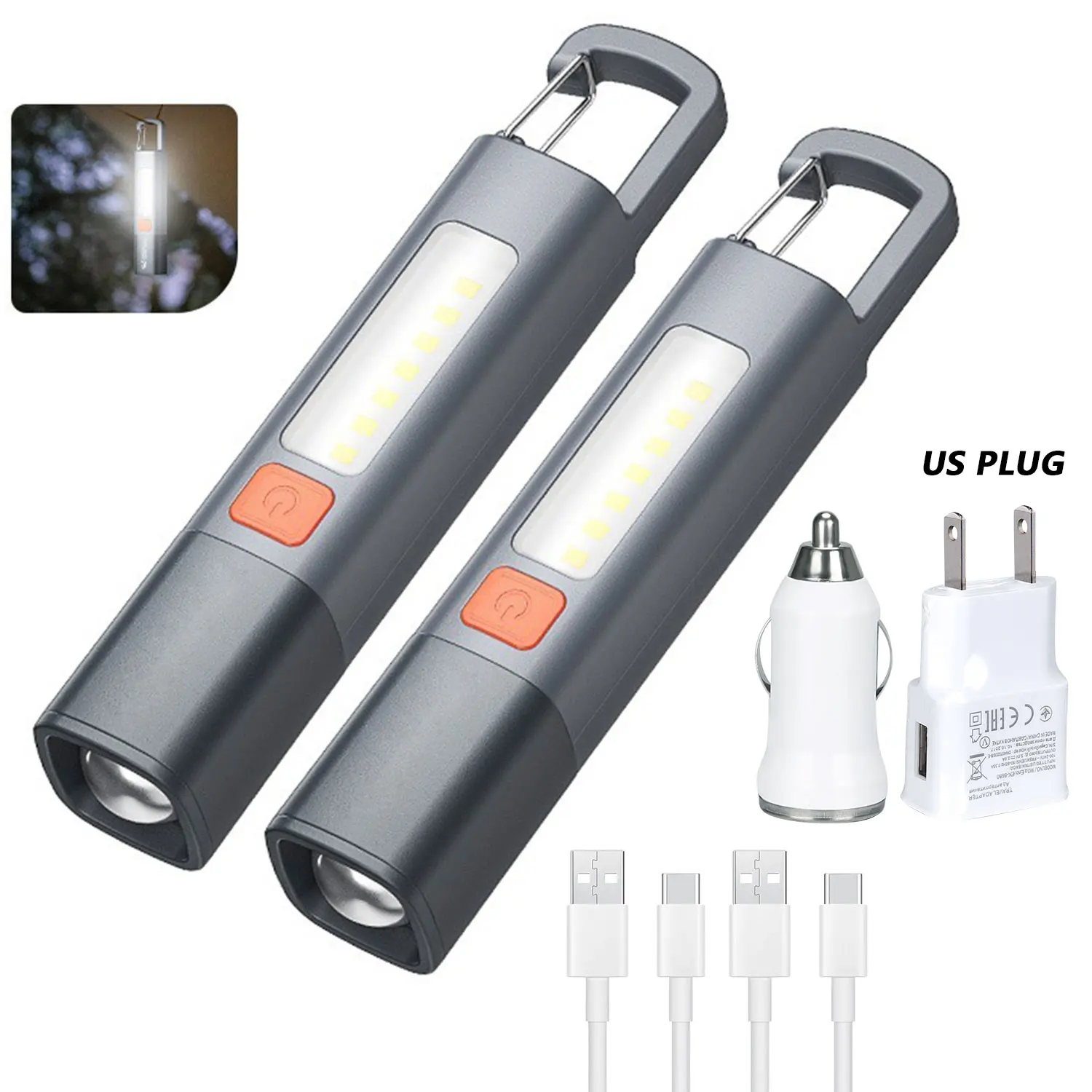 Linterna LED XPE COB, luz lateral, linterna portátil con gancho, luz de Camping, linterna impermeable con zoom recargable por USB: YELLOW