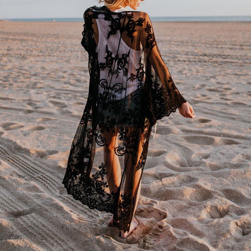 Vrouwen Beach Cover Up Beach Dress Chiffon Kant Kimono Cover Up Boho Casual Lange Mouw Vest Monokini Baden Kanten Jurk
