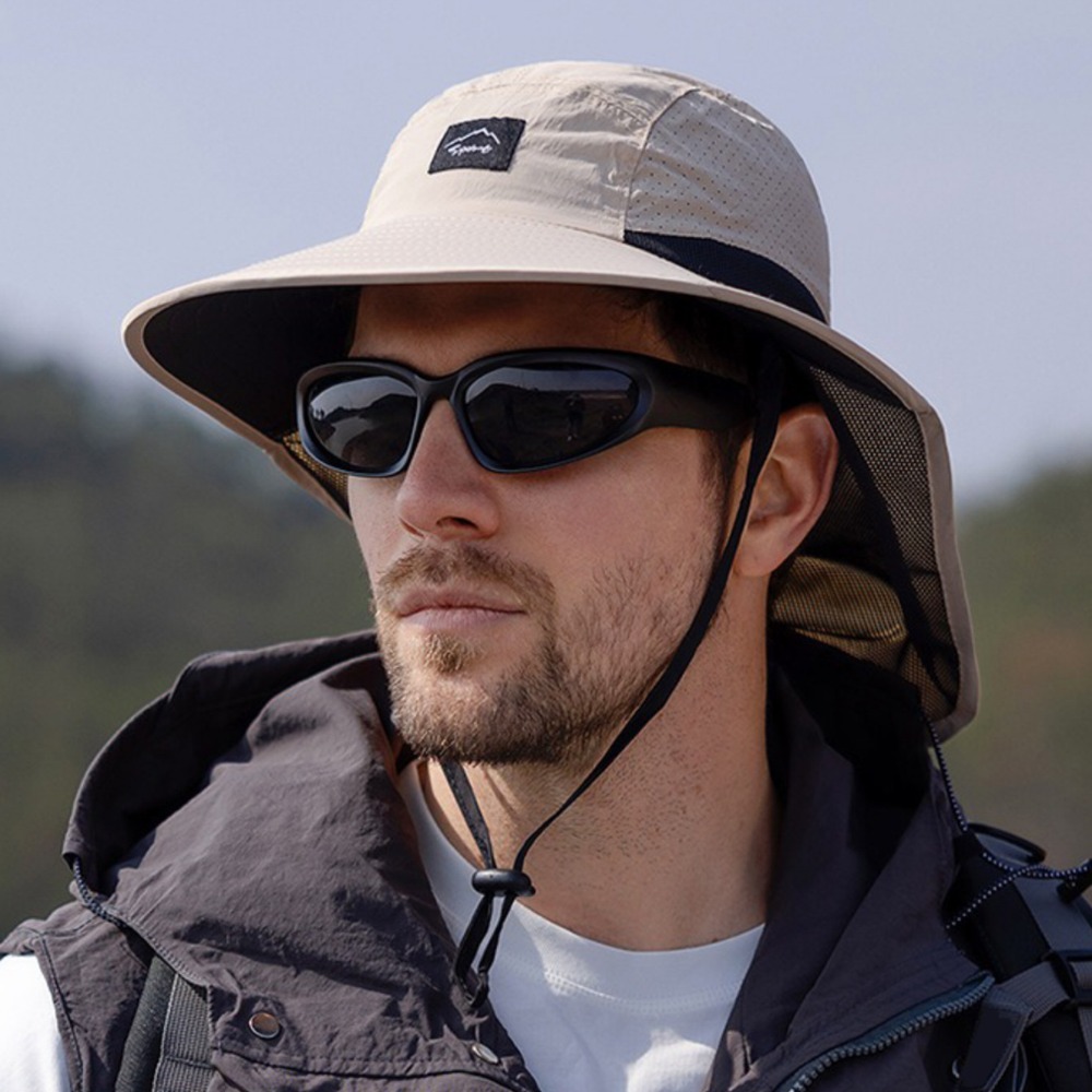 Sonnenhut mit breiter Krempe und Nackenklappe, UV-Sonnenschutz, Hofarbeit, Safari, Wanderhut für Herren, Outdoor-Abenteuer, Angeln, Eimerhut: Beige