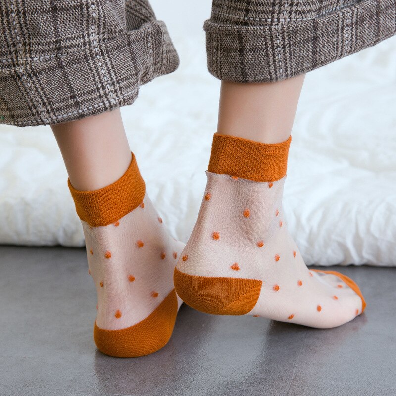 Calcetines transparentes de estilo japonés para mujer, medias cortas de seda de cristal de lunares Vintage, Harajuku coreano, ropa de calle de verano