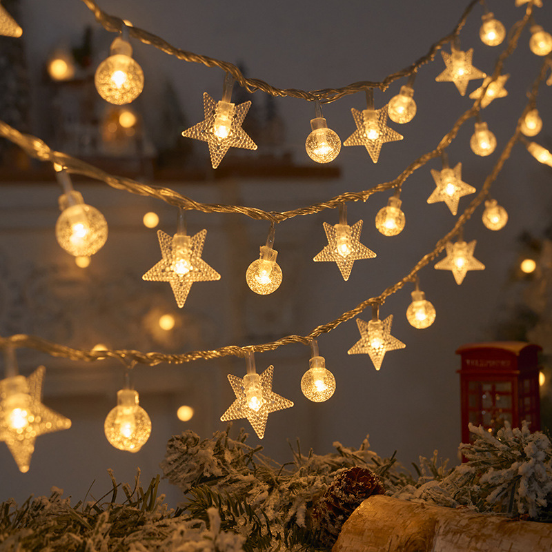 Ljusslinga med 1.5/3m led-bollar, snöflingstjärnor, julslinga, girland, batteridriven för heminredning, juldekoration