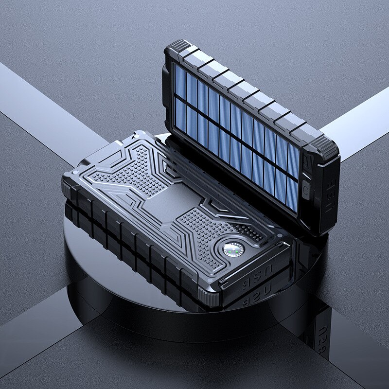 Cargador Solar portátil de 20000mAh para iPhone 11, Samsung S20, Xiaomi, Banco de energía con linterna y brújula para acampar: Black