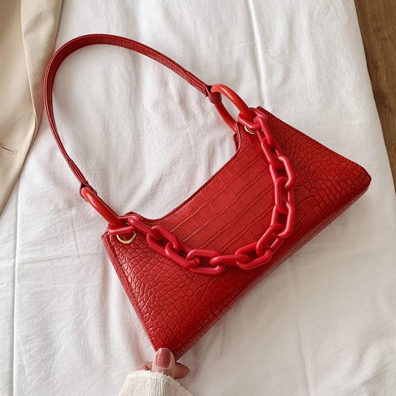 Petits sacs à bandoulière pour femmes en cuir PU, à chaîne épaisse, , sac à main motif Crocodile,: Rouge