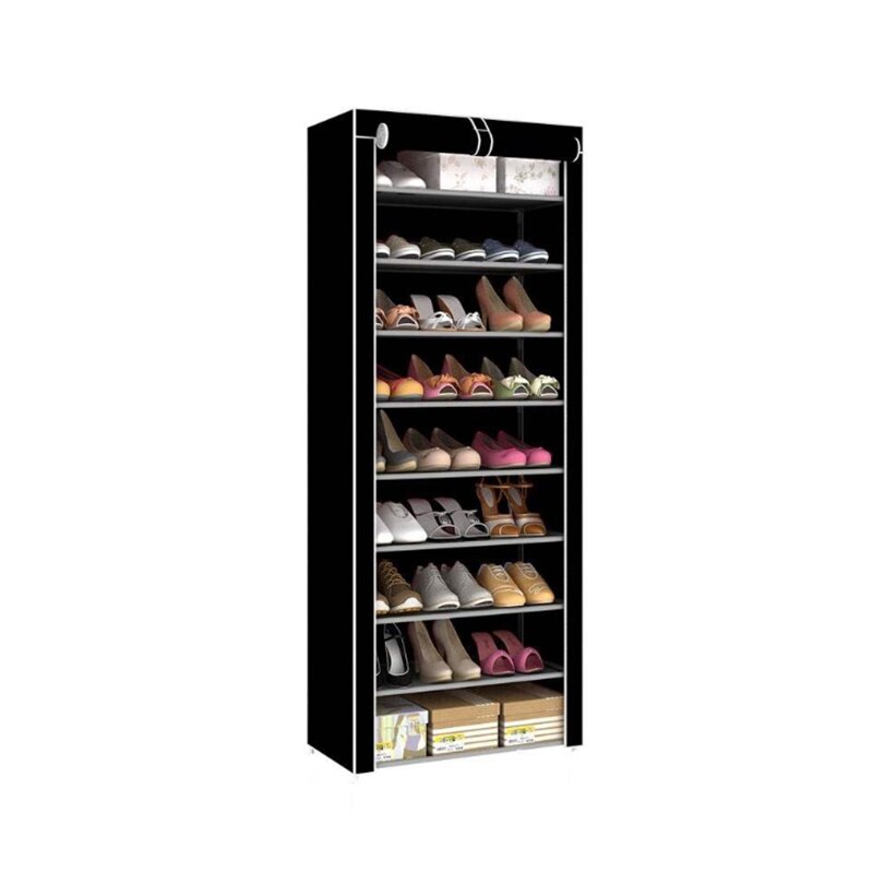 Zapatero sencillo de tela no tejida, Zapatero antipolvo, montaje plegable, Zapatero de Metal, armario organizador zapatos hogar: Black