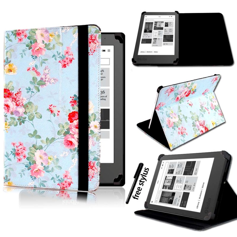 KK&LL para Kobo Glo HD, Kobo Touch 6 "/Touch 2,0 ) Kindle Tablet-cuero Tablet Folio funda inteligente + Stylus: Blue Floral