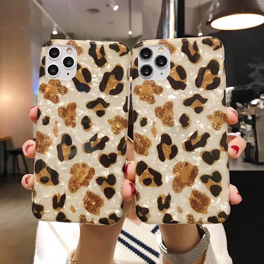 Voor Iphone 12 Pro X Xs Max Xr Case Luxe Schelp Luipaard Print Telefoon Case Voor Iphone 6 6s 7 8Plus cover Mode Glossy Zachte