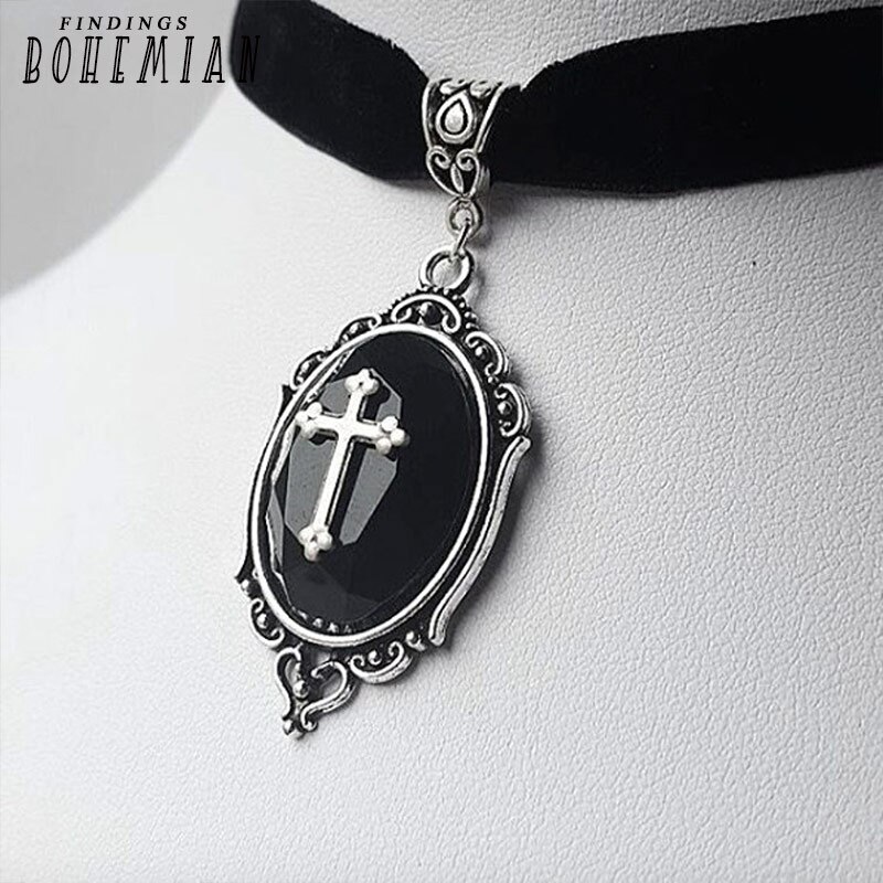Viktorianische halskette aus schwarzem samt, halskette mit kristallbesetztem kreuz, punk-vampir-kreuzanhänger, handgefertigter schmuck für damen