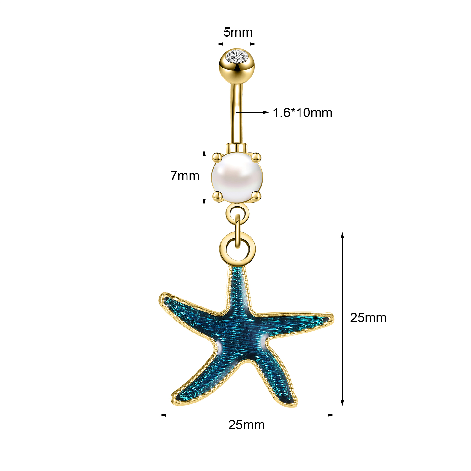 AOEDEJ, 14G, 1 pieza, anillo para Piercing en el ombligo de estrella de mar de cristal, joyería para Piercing corporal con perlas, anillo para el ombligo de concha para mujer de verano: Color amarillo dorado claro