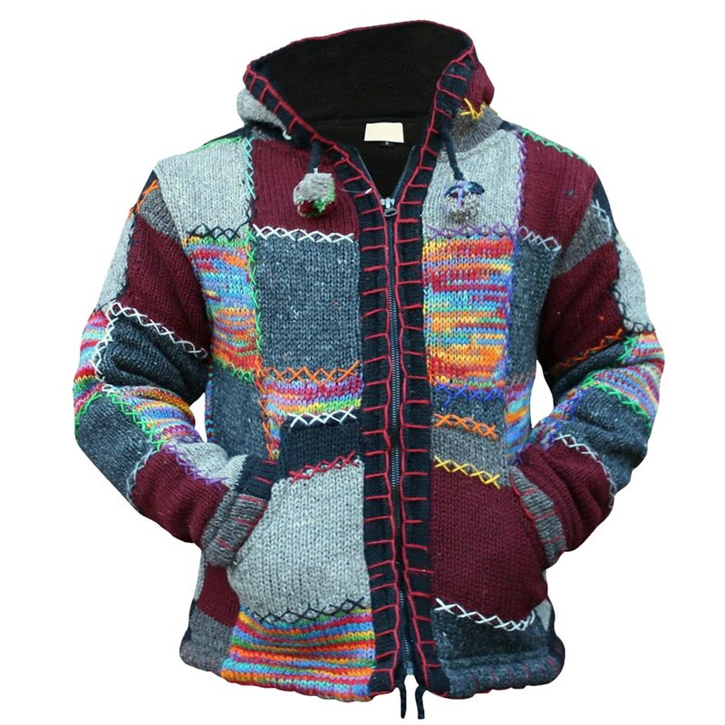 Men Winter Patchwork Knit Outwear Coat Sweater With Pocket Autumn Men Hooded Wool Cardigan Sweater Jumper: colorful / Aisan Size XL
