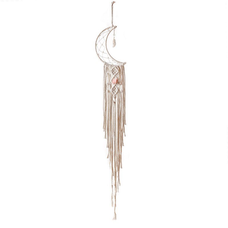 Tenture Murale Macramé Lune Attrape-Rêves Avec Guirlande LED - Décoration Bohème 83cm