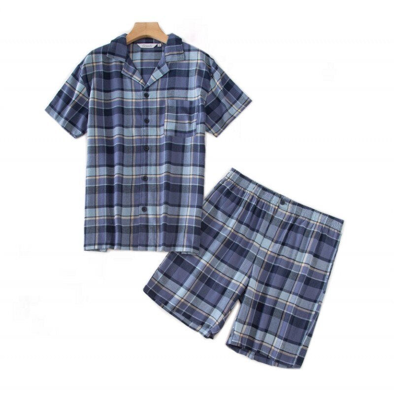 Verão masculino 100% algodão pijamas conjuntos de pijama de xadrez casual masculino terno de gola redonda manga curta cardigan camisa &amp; meia calças