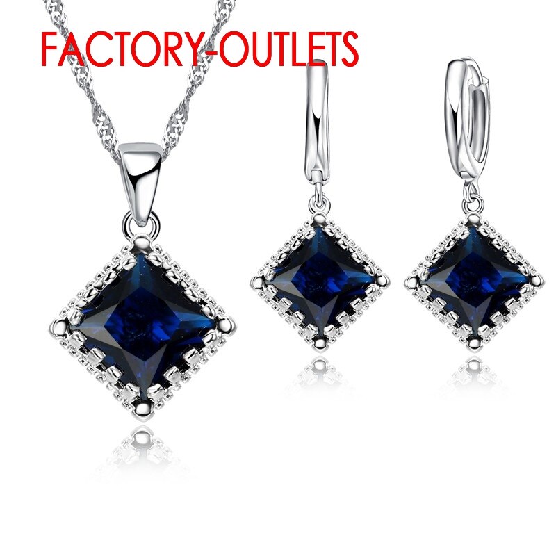 Nova joia fashion para decoração, colar, brincos de argola, conjunto 925, prata esterlina, quadrado, zircônia cúbica, festa feminina: Blue