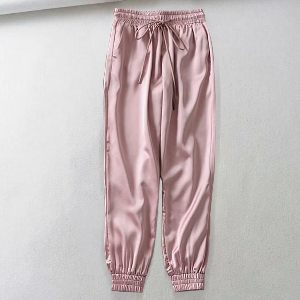 Kvinner sommer sateng last bukser kvinner europa snøringe løs fritidssport bukse kvinner bf joggere streetwears last bukser