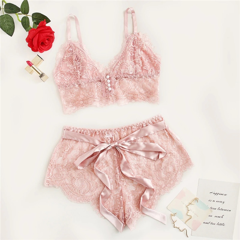 Lace Thin Bra Set Scalloped Floral Lace Lingerie Set Women Pajama Set Burgundy Bralettes And Briefs Sleepwear Sexy Nightgown