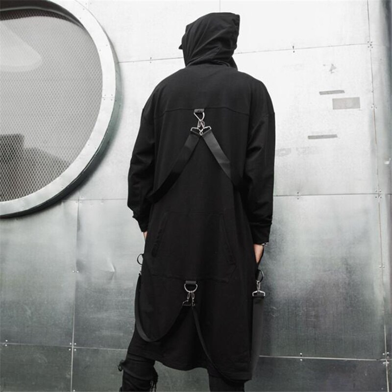 Frühling herbst männer bänder Patchwork Punk Hüfte hüpfen lange trenchcoat mit kapuze Mantel männer schwarz Reißverschluss techwear lange jacke Mantel