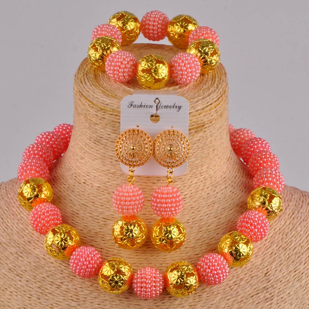 Perfecte bruid nigeriaanse bruiloftssieraden gele imitatieparel ketting sieraden afrikaanse bruiloft verjaardag feest sieradenset az -78: Perzik