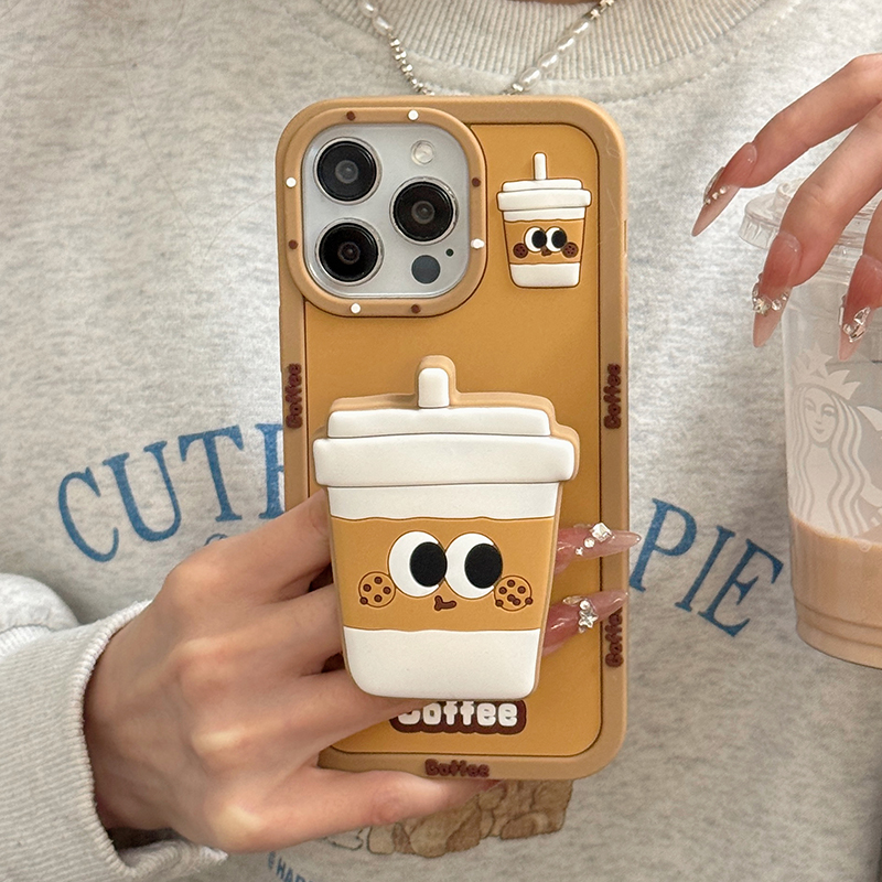Support de tasse à café pliable en silicone souple pour iPhone, coque arrière 3D, support drôle, support pour iPhone 16 Pro Max, 15, 14, 13, 12, 11