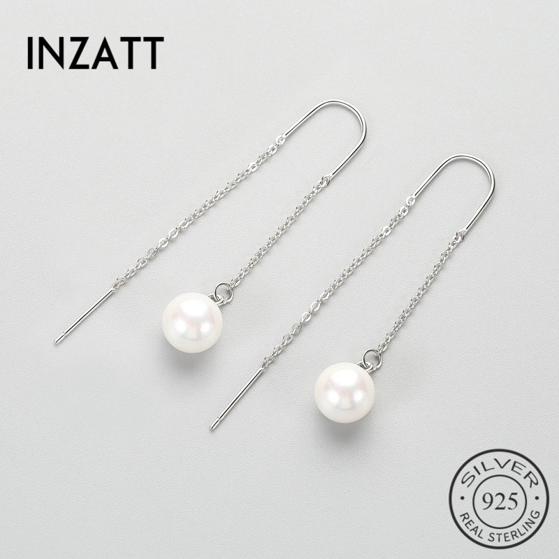 INZATT Bohemia Long Metal Tassel Pearl Dangle Earrings For Women Engagement 925 Sterling Silver Jewelry Accessories