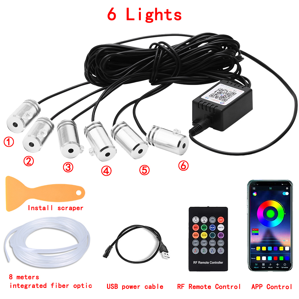 Tira de luces LED para Interior de coche, Kit de iluminación de neón de fibra óptica RGB con Control remoto por aplicación, lámparas decorativas automáticas: Cristal azul