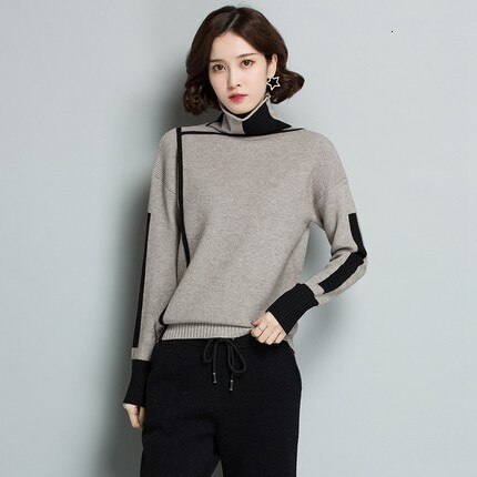 Vrouwen Geel Coltrui Winter Patchwork Trui Lange Mouw Gebreide Warme Dikke Truien En Pullovers Vrouwelijke Jumper Tricot Tops: gray / XXXL