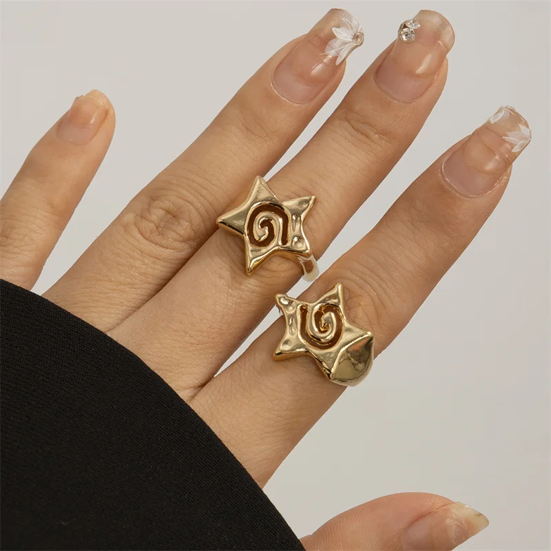 2 unids/set de anillos huecos para mujeres y hombres, Punk, estrella de cinco puntas, geométrico, Color dorado y plateado, conjuntos de anillos de joyería para nudillos: Blanco