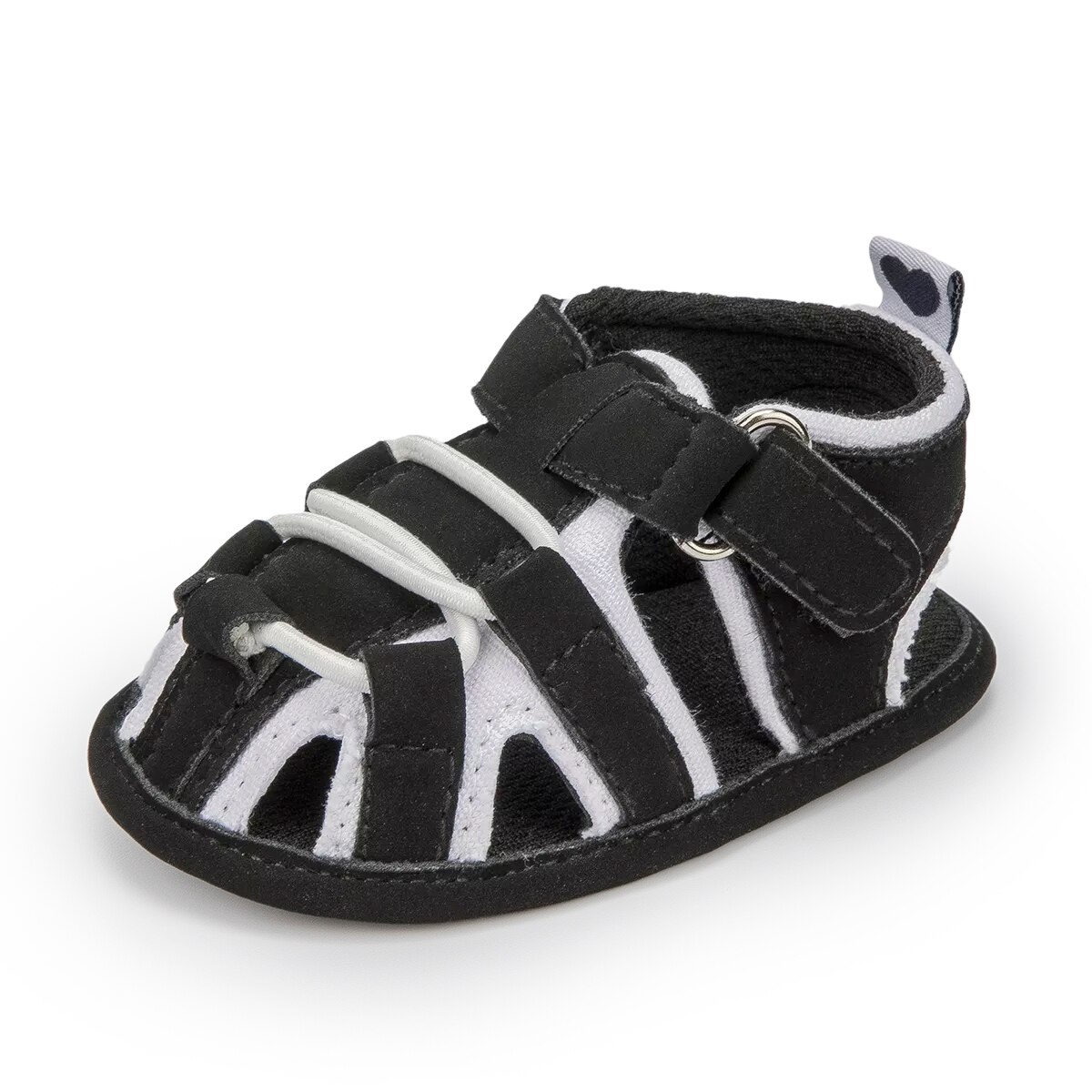 Sandales d'été pour bébé garçon et fille, chaussures de plage, en coton, plates, antidérapantes, semelle souple, pour les premiers pas de bébé de 0 à 18 mois: black white / 0-6 mois