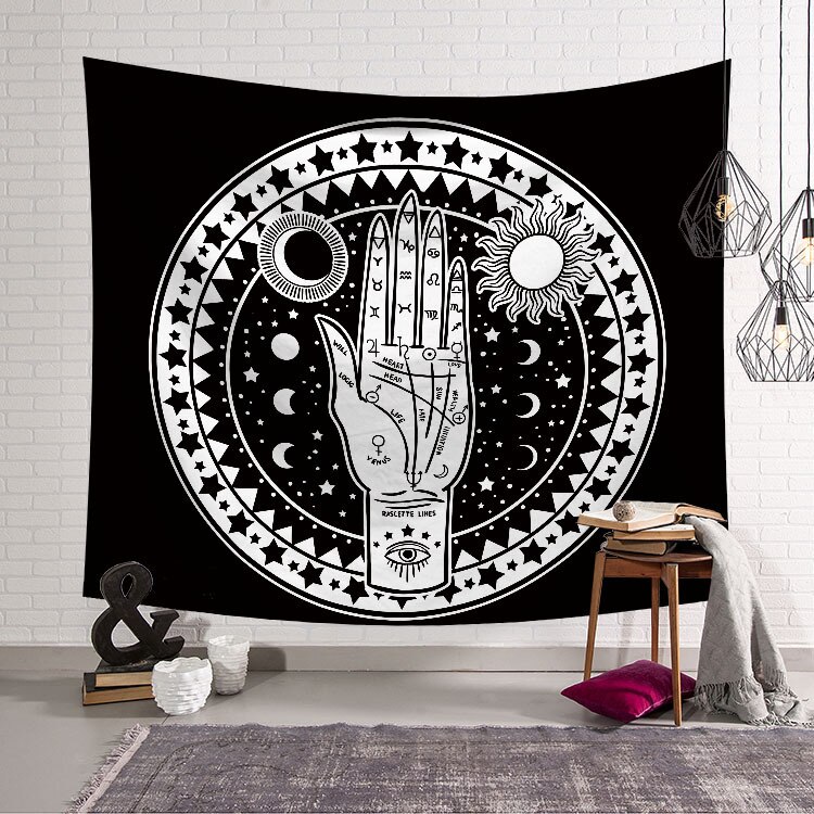 Vintage sol og måne indisk mandala gobelin væghængende hippie sengetæppe sigøjner kunstindretning boheme strandmåtte 95 x 73cm: C