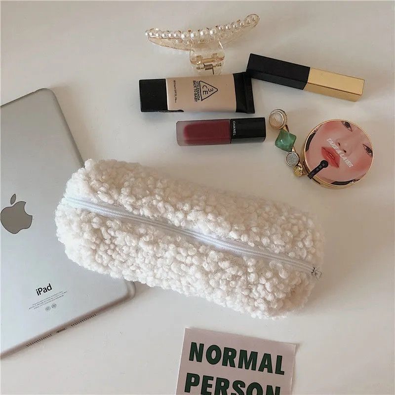 Estuche de lápices de gran capacidad para niñas, bolsa de almacenamiento de papelería para estudiantes, bonita bolsa de cosméticos de oso Kawaii, bolsa de papelería coreana: Blanco