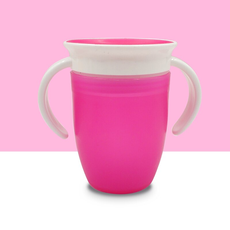 360 Degrees Can Be Rotated Baby Learning Drinking Cup With Double Handle Flip lid Leakproof Magic Cup Infants Water Cups Bottle: Rose Red