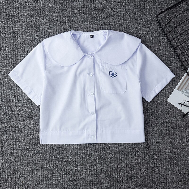 Uniforme escolar japonés para niñas, camisa blanca de manga corta, vestido escolar Jk, traje de marinero, Tops, uniformes de trabajo con bordado de bolsillo: S