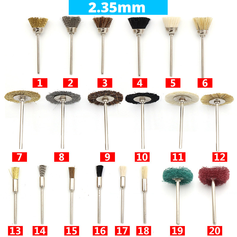 2,35mm, , 1 Uds., Mini cepillo de alambre, taza de rueda, juego de cepillos de alambre de acero y latón, vástago para herramientas rotativas eléctricas Dremel, amortiguador de pulido
