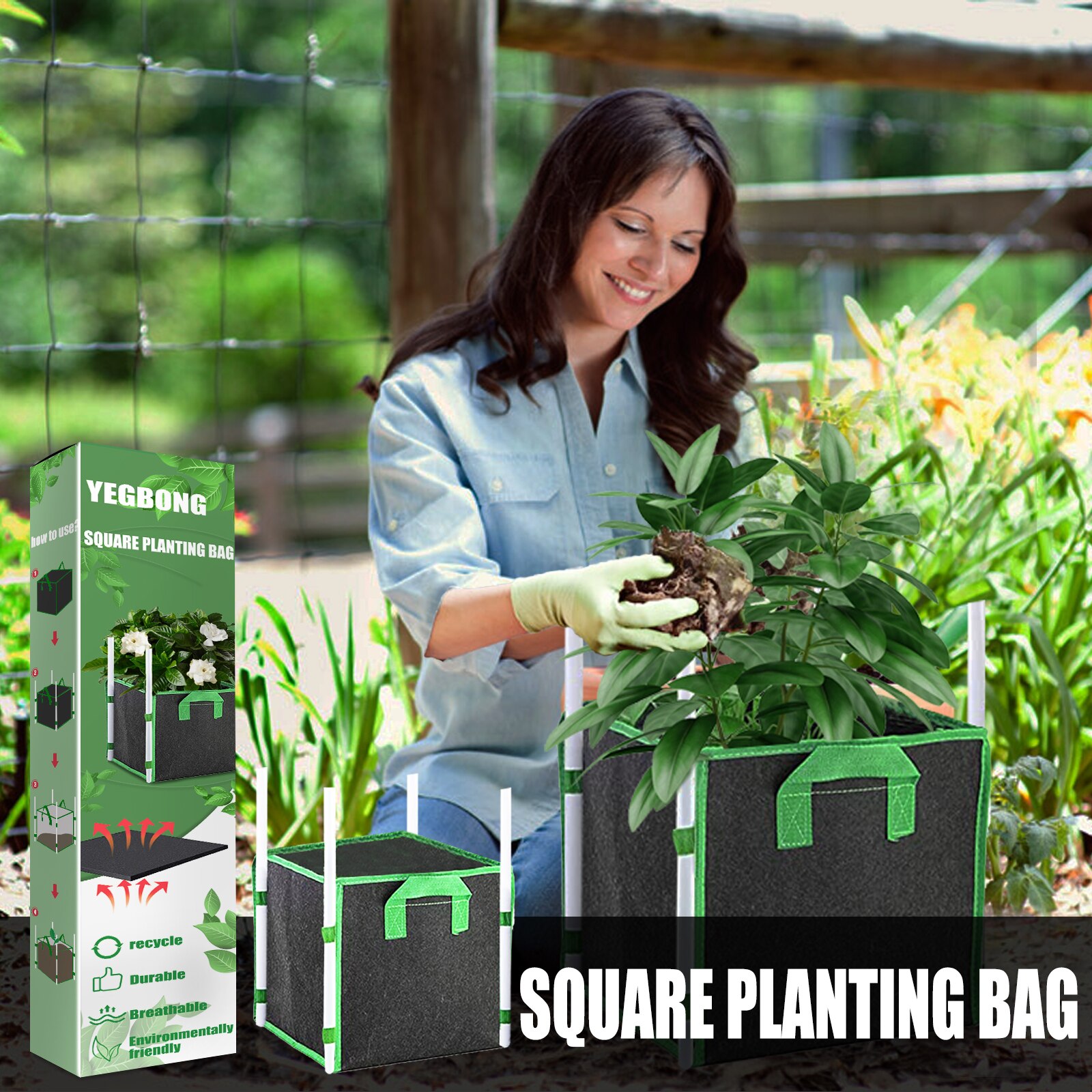 Square Planting Bag Set With Handle, Heavy-duty Thick Breathable Fabric Reusable Planting Cubes For Indoor And Outdoor Gardens