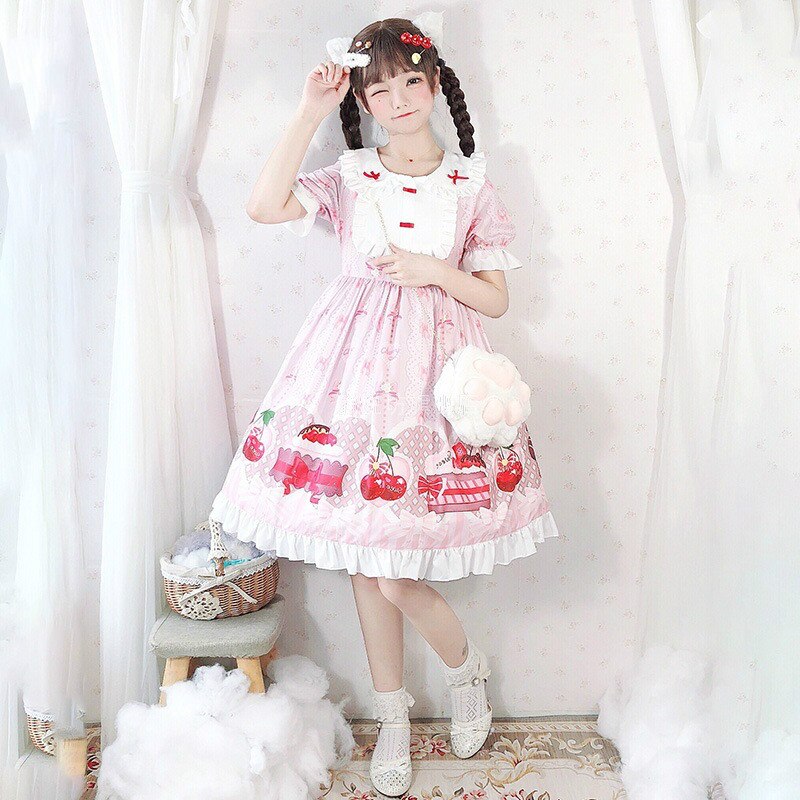 2 couleurs japonais lolita Swee fille lolita robe Kawaii fraise lolita robe été dessin animé cerise princesse robe thé fête