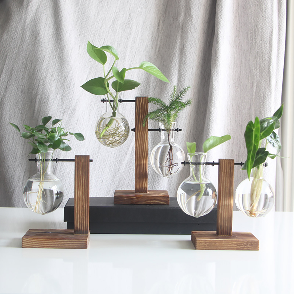 Terrarium Planter Bulb Glass Vase Water Planting Propagation Stations Hydroponics Plants With Wooden Stand Garden Wedding Decor