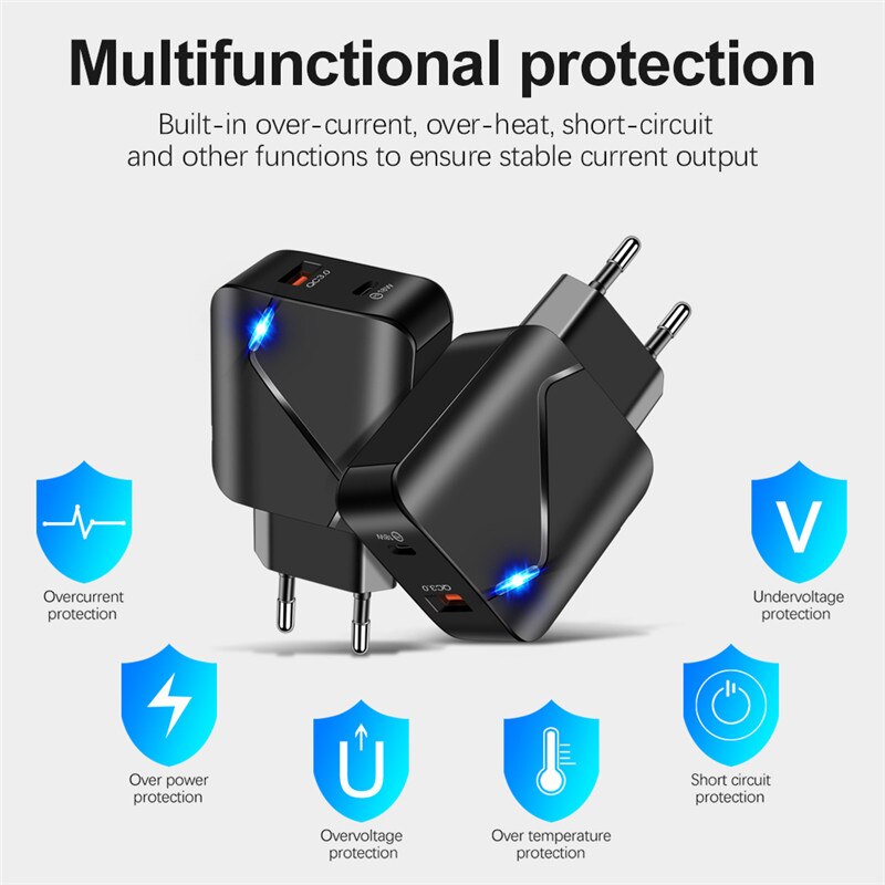 USLION 18W PD adapter EU US QC 3.0 usb Quick charger For iPhone 11 12 Xiaomi mi 9 Samsung Huawei mobile phones LED Fast Charging