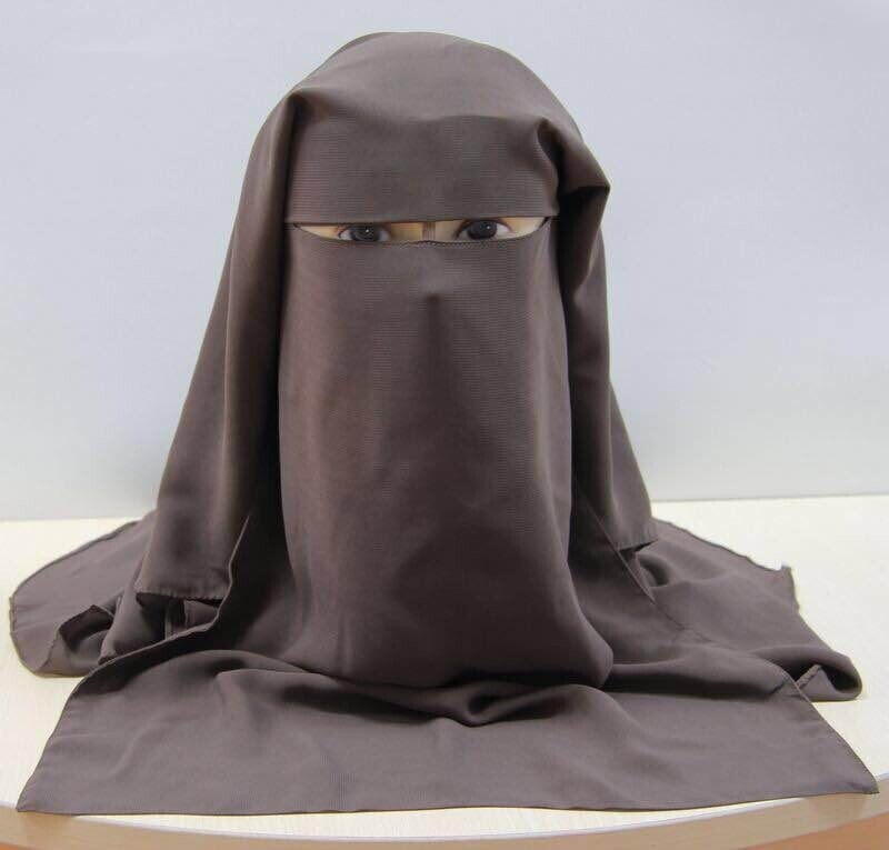 Islamitische 3 Lagen Niqab Boerka Motorkap Hijab Cap Moslim Bandana Sjaal Hoofddeksels Zwart Gezicht Cover Abaya Tulband Wrap Hoofd Die: Coffee