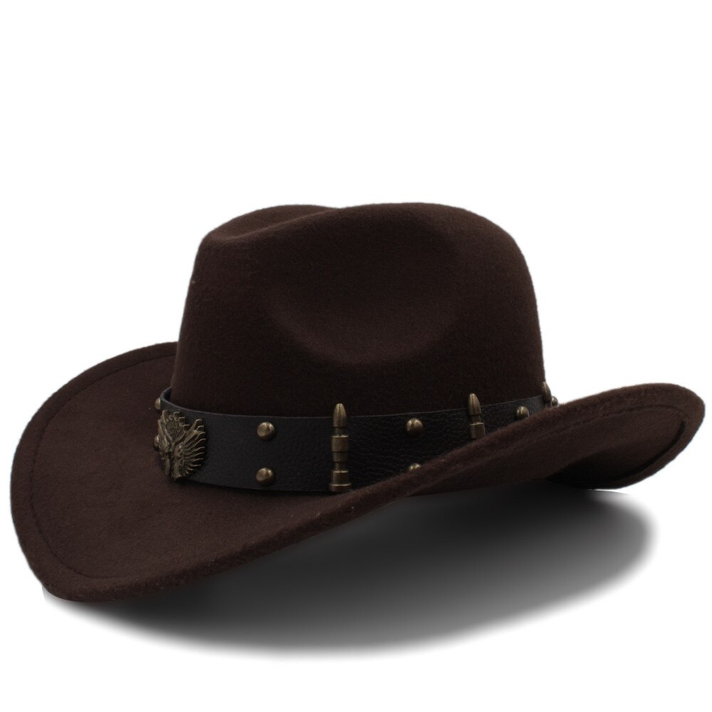 Wome Sombrero de lana negro Sombrero de Cowboy del oeste Jazz Sombrero de Hombre señora sombreros de vaquera tamaño 56-58 cm: Coffee