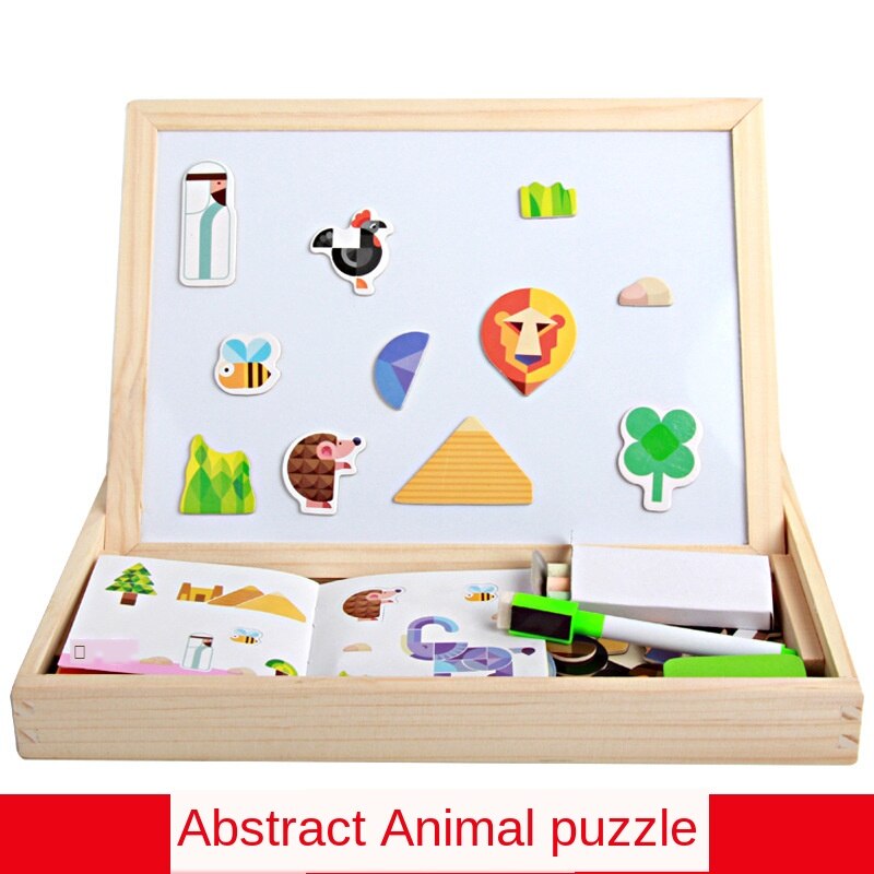 Kids Educational Learning Toy Wooden Magnetic Puzzle Toys for Children Jigsaw Animals/Circus Drawing Board with Box: F